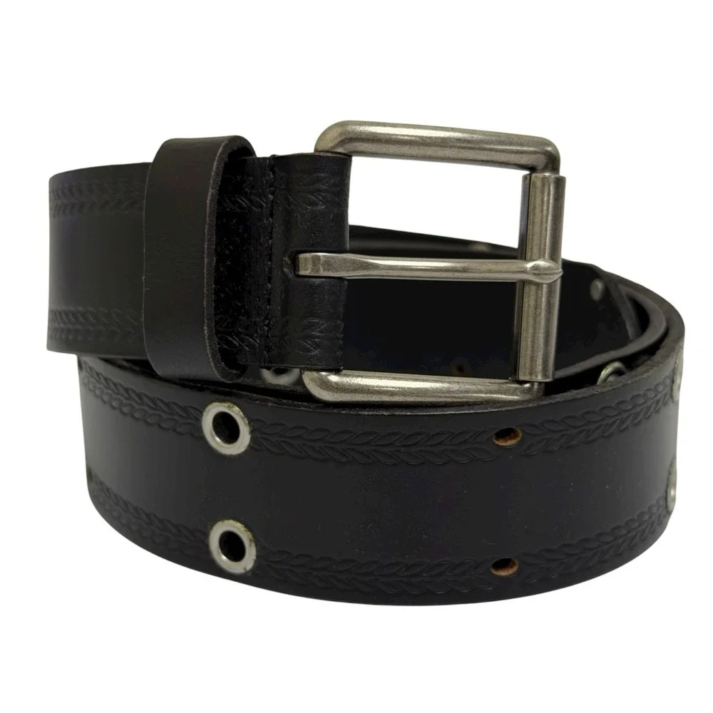 Lucky Brand Men's Size 34 Black Leather Belt Grommet And Embossed Detail NWT